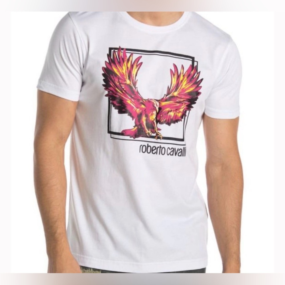 Roberto Cavalli White Tee with reddish and Yellow Eagle Graphic